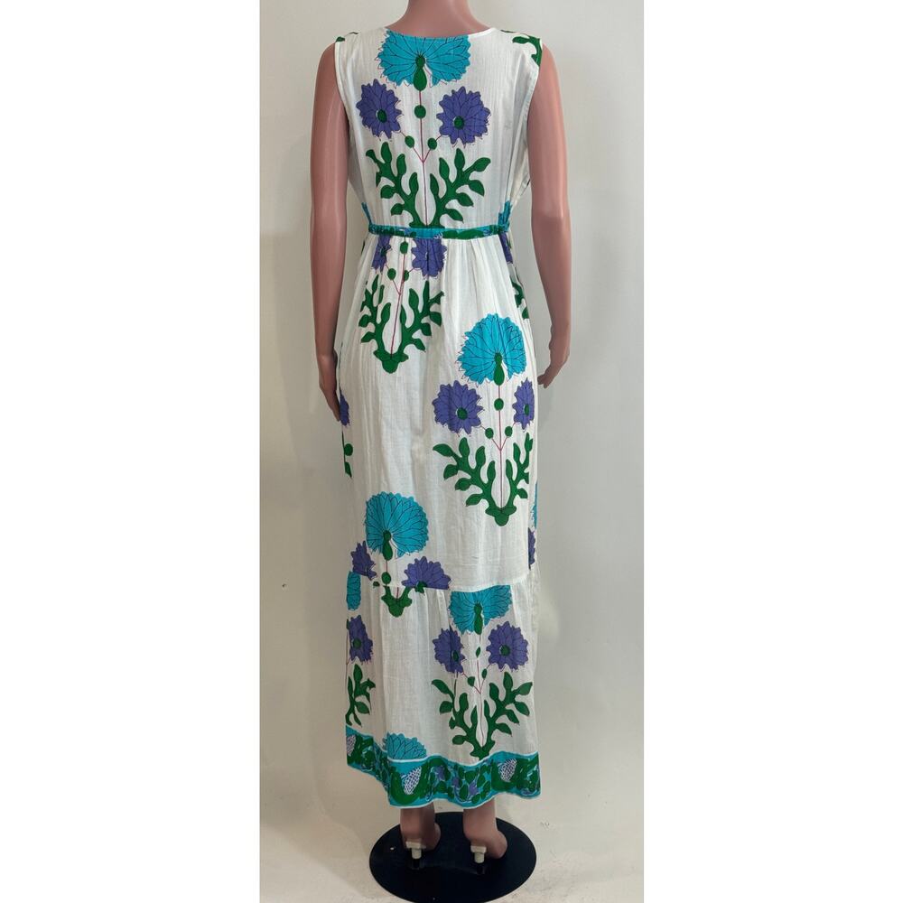 La Plage Maxi Dress Size M White Blue Purple Floral Print Tassel Tie Waist Boho - Picture 4 of 16